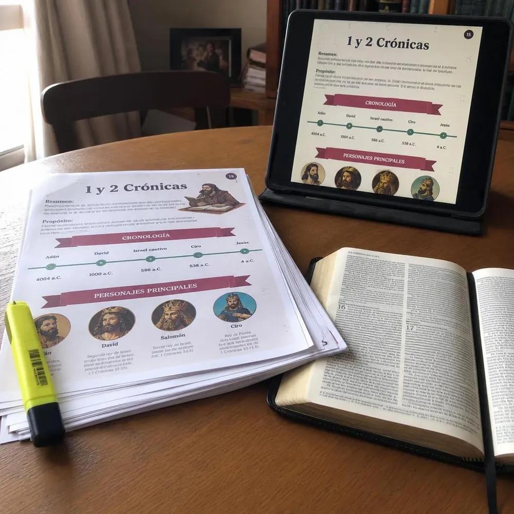 Resúmenes visuales de la Biblia impresos junto a una Biblia abierta