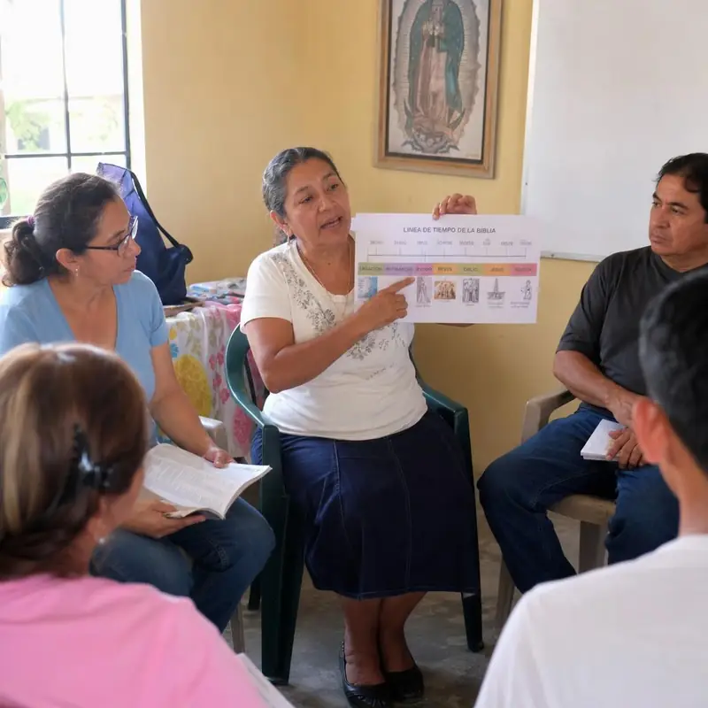 Catequista explicando la línea de tiempo bíblica