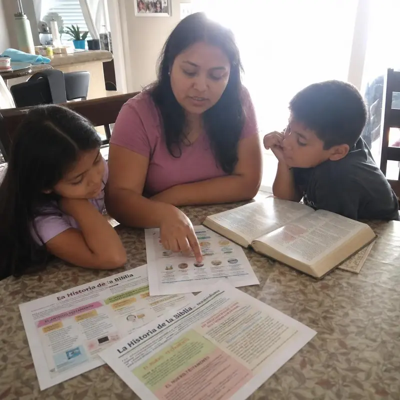 Madre enseñando la Biblia a sus hijos